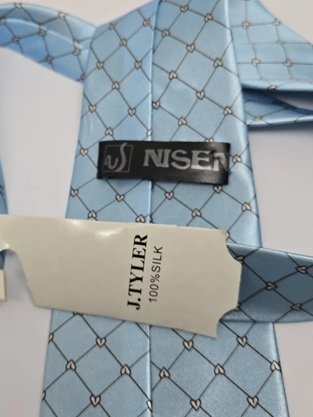 Nisen 100% Silk, Metallic Baby Blue Wide Geometric Tie, J. Tyler, New with Tag